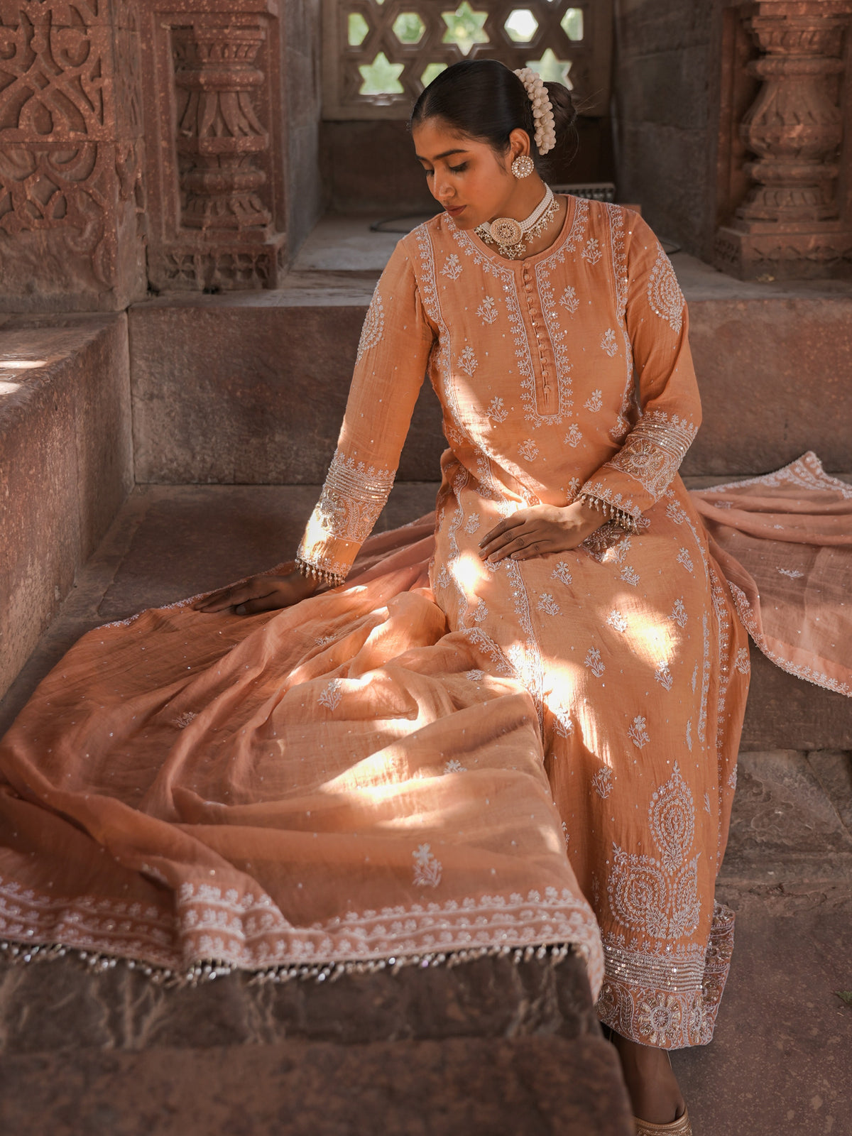 MANN MOHAK | Tissue Chanderi Anarkali in Soft Peach Brown Tone