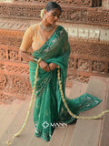 MANN MOHINI - Emerald Green Organza Mukaish Pearl Saree (The blouse shown is for styling purposes only)