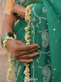 MANN MOHINI - Emerald Green Organza Mukaish Pearl Saree (The blouse shown is for styling purposes only)