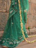 MANN MOHINI - Emerald Green Organza Mukaish Pearl Saree (The blouse shown is for styling purposes only)