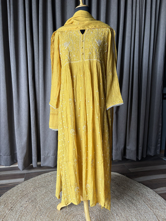 Golden Mustard Yellow Tissue Chikankari Suit Set