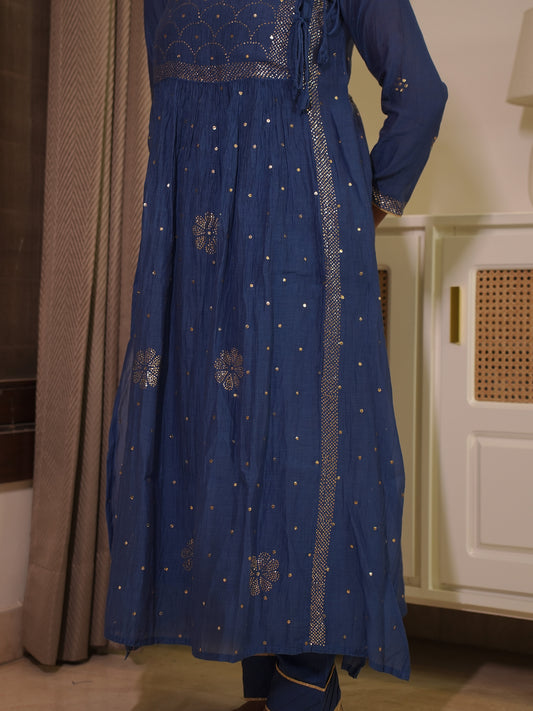 Royal Blue Mal Chanderi Mukaish/Kamdani Angrakha suit set
