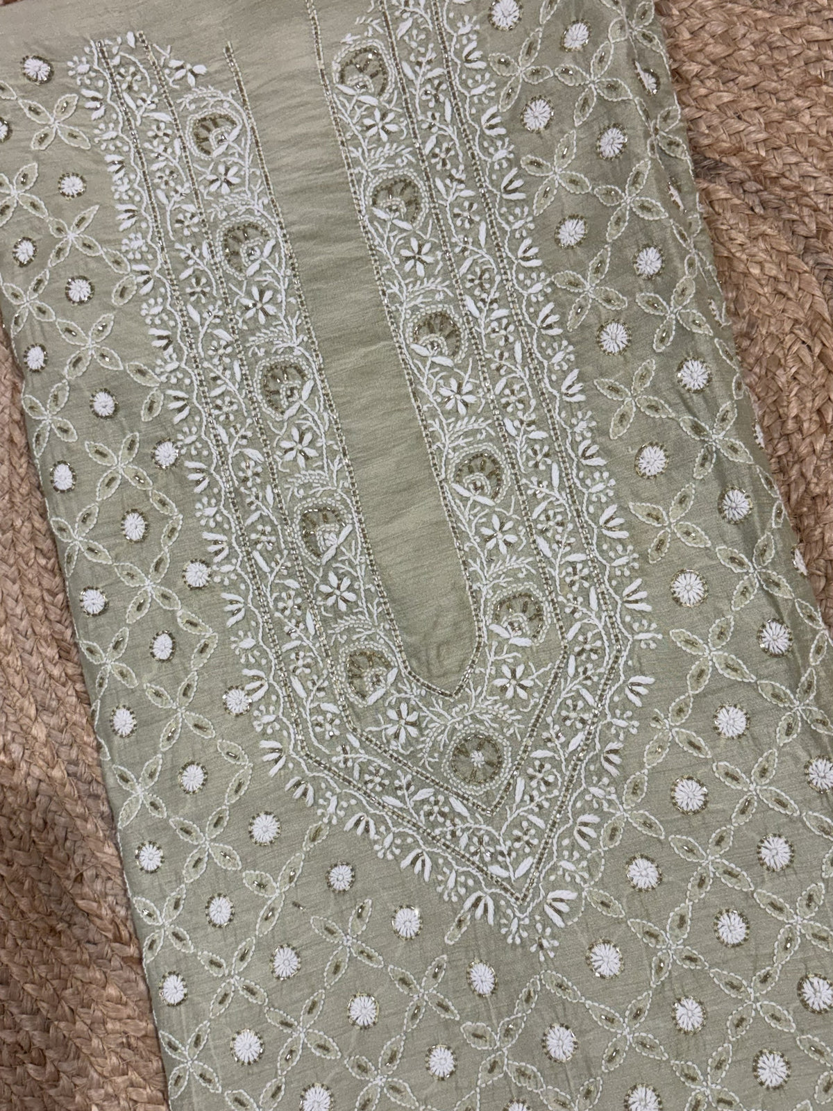 Sea Green Moonga Silk with Fine Chikankari & Cutdana Men's Kurta Fabric
