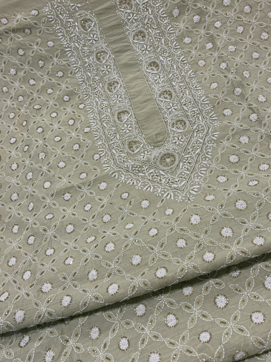 Sea Green Moonga Silk with Fine Chikankari & Cutdana Men's Kurta Fabric