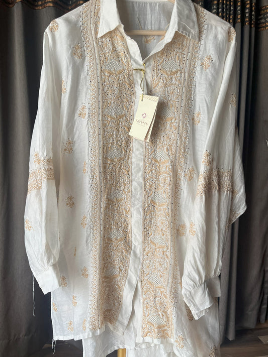 White & Brown Chanderi Silk Chikankari Co-ord Set