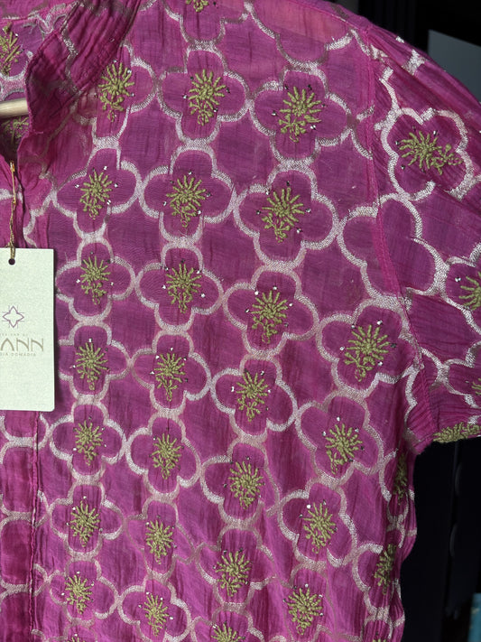 Deep rani pink zari with chikankari & mukaish mal chanderi top