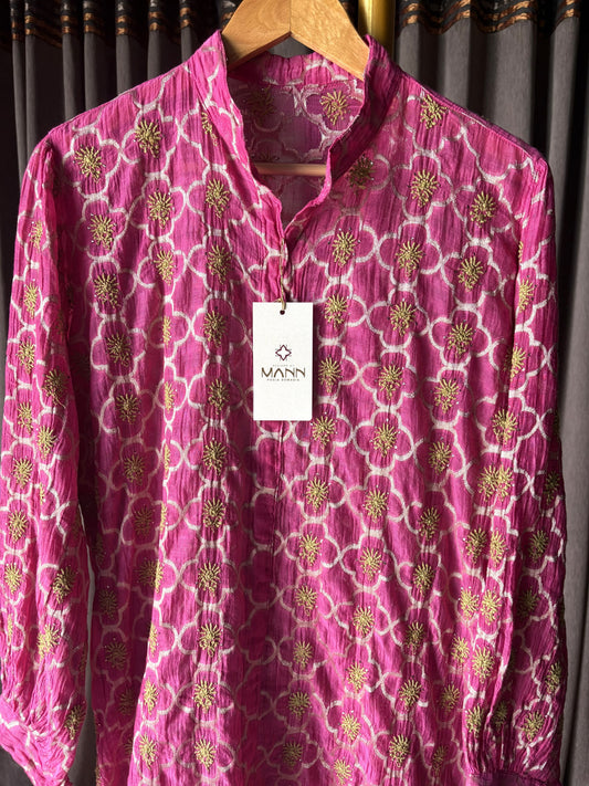 Deep rani pink zari with chikankari & mukaish mal chanderi top