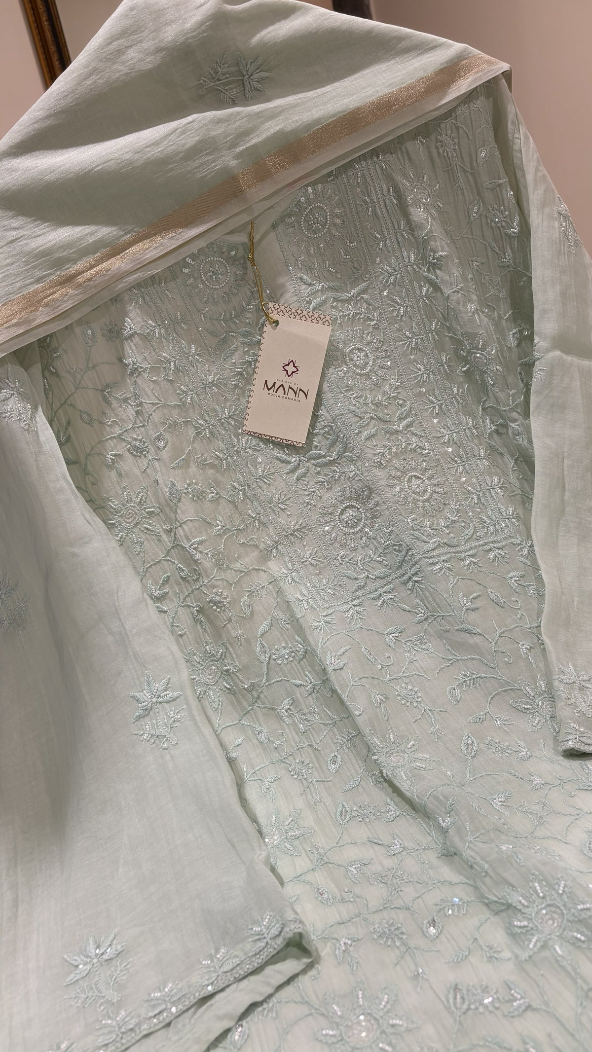 Mal Chanderi Chikankari Suit Set with Embellishments ( Semi-Stitched )