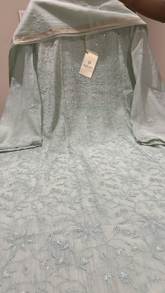Mal Chanderi Chikankari Suit Set with Embellishments ( Semi-Stitched )
