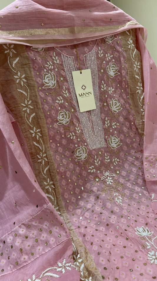 Premium Mal Chanderi Mukaish/Kamdani Suit Set with Embellishments (Semi-Stitched)