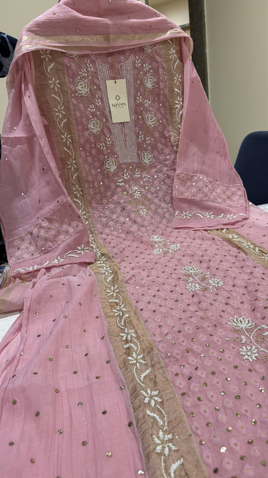 Premium Mal Chanderi Mukaish/Kamdani Suit Set with Embellishments (Semi-Stitched)