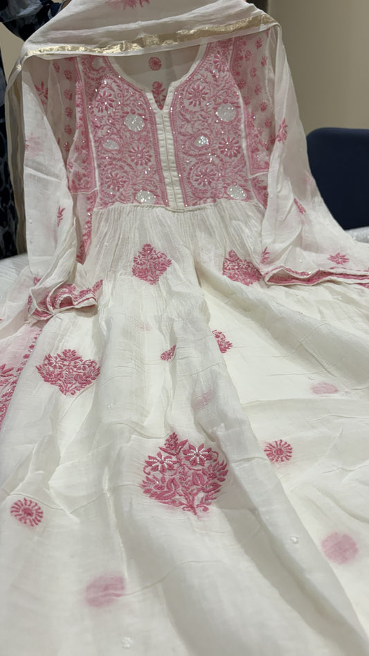 Mal Chanderi Chikankari Suit Set with Embellishments ( Semi-Stitched )