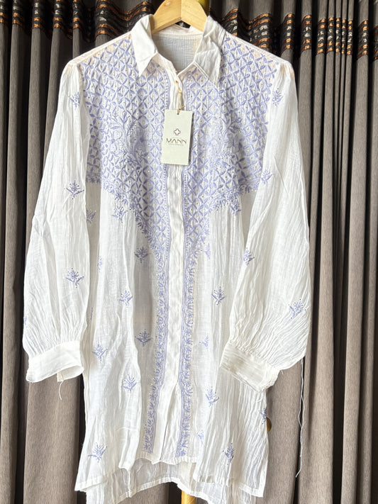 Mal chanderi chikankari mukaish top in white
