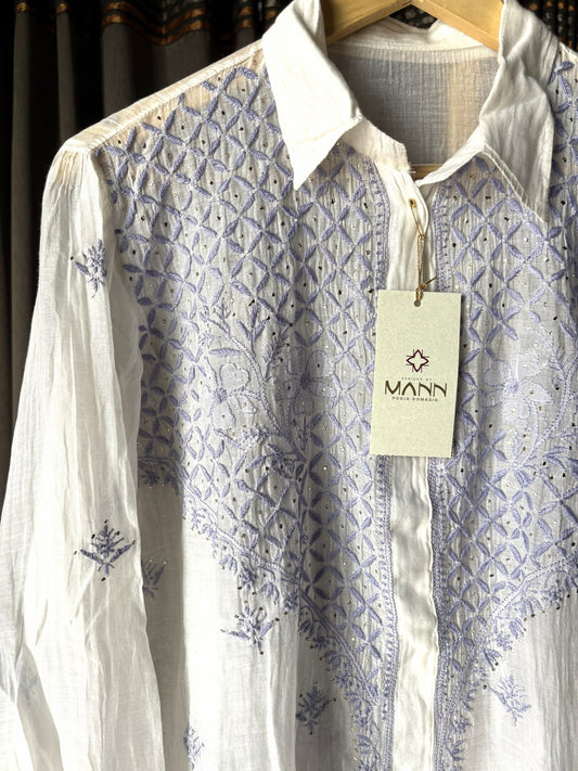 Mal chanderi chikankari mukaish top in white