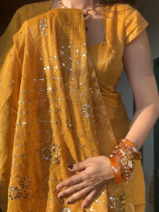Rust Yellow Tissue Saree with Mukaish/Kamdani Work