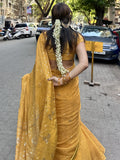 Rust Yellow Tissue Saree with Mukaish/Kamdani Work