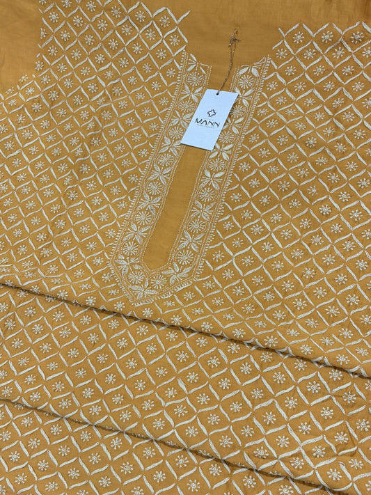 Yellow Chanderi Chikankari Men's Kurta Fabric