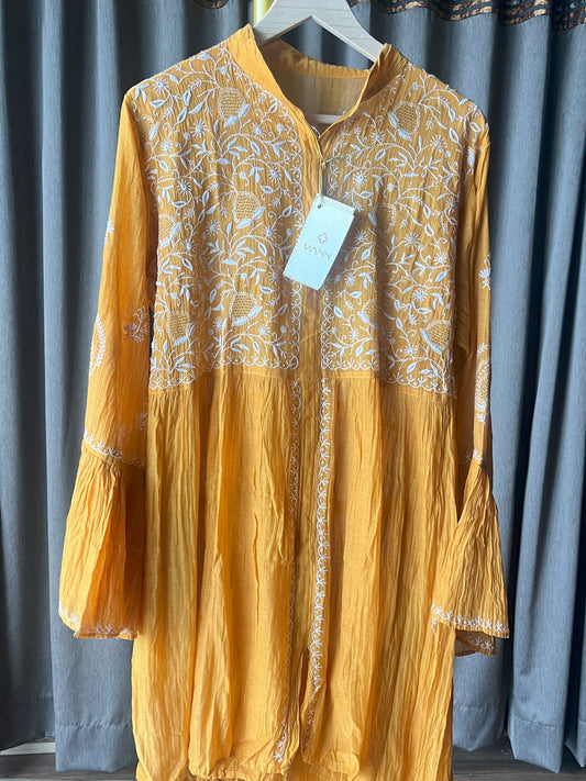 Mustard Yellow Mal & Chanderi Silk Chikankari Co-ord Set
