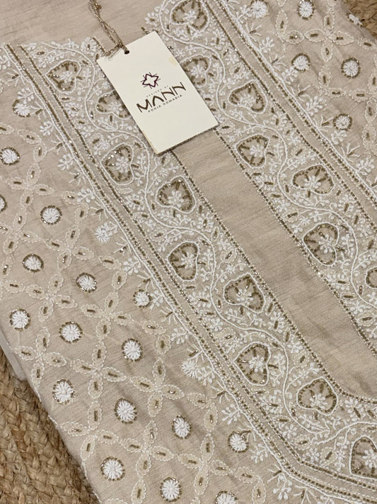 Beige Moonga Silk with Fine Chikankari & Cutdana Men's Kurta Fabric