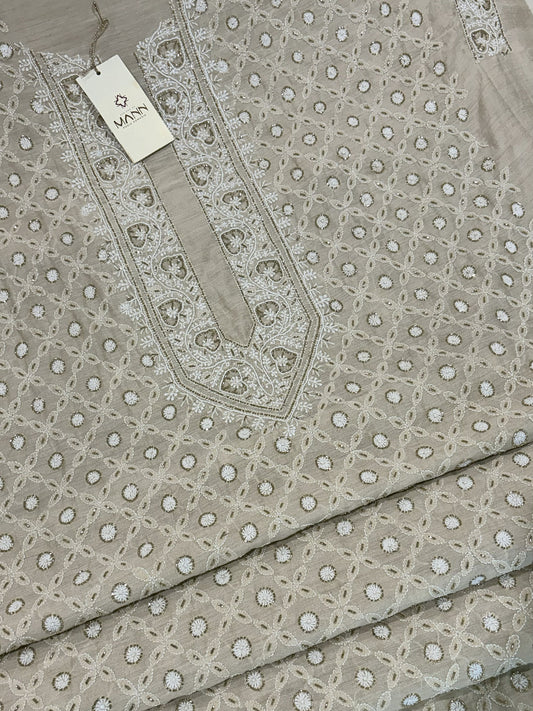 Beige Moonga Silk with Fine Chikankari & Cutdana Men's Kurta Fabric